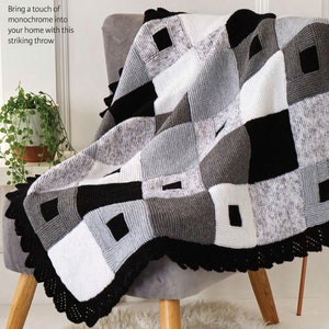 Monochrome Blanket-Afghan in DK/8ply wool   97 x 97 cm PDF Knitting Pattern Instant Download