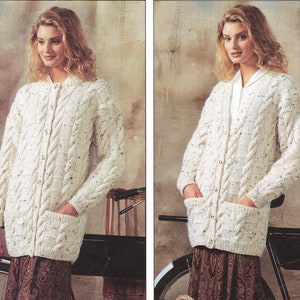 Easy Knit Chunky Womens Cable Round or V Neck long cardigan jacket pockets 28&quot; to 40&quot; Chunky 12 Ply Knitting Pattern pdf Instant Download