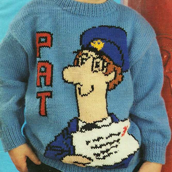 Childs Postman Pat sweater/Jumper/Pullover Knitting pattern In DK/8ply- fits 22-28 chest- Instant download