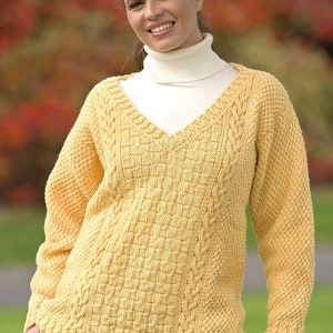 womans Aran textured cable Deep V Neck- Jumper - PDF- Knitting Pattern-Aran- worsted wool- Finished chest-40-52&quot; Instant Download