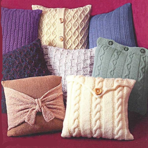 PDF Knitting Pattern- 8 cushion designs to knit- various wool types- Chunky- Aran and more