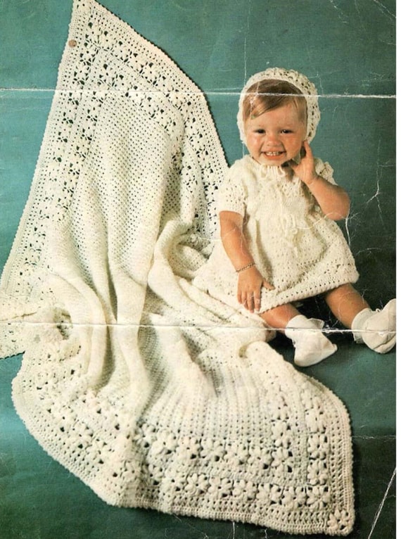 Vintage Baby shawl dress bonnet fits birth 9 months Christening baby girls Crochet pattern download PDF
