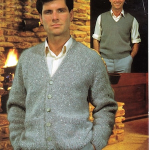 Man&#39;s Easy Cardigan - Waistcoat Raglan sleeves-  Knitted in DK 8Ply Light worsted wool chest 34-44ins- PDF Knitting Pattern Instant Download