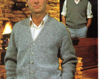 Man's Easy Cardigan - Waistcoat Raglan sleeves-  Knitted in DK 8Ply Light worsted wool chest 34-44ins- PDF Knitting Pattern Instant Download