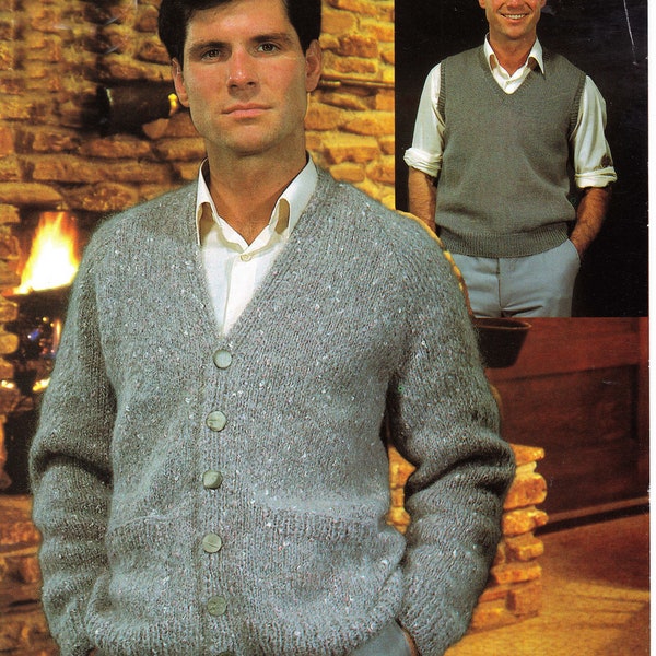 Man's Easy Cardigan - Waistcoat Raglan sleeves-  Knitted in DK 8Ply Light worsted wool chest 34-44ins- PDF Knitting Pattern Instant Download