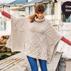 Sampler Stitch Poncho Chunky Wrap Polo Neck One Size Chunky