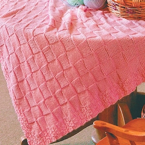 Easy Beginner Simple Plain & Purl Block Square Aran Baby Blanket 34" x 45~ Aran 10 ply Knitting Pattern PDF Instant download