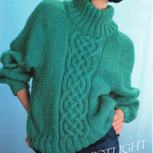 Woman's Big Chunky Celtic Cable Jumper- High neck, Raglan sleeved 28 - 40" -  easy knit in Bulky Chunky wool- Knitting pattern Download PDF