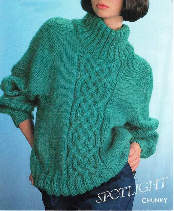 Woman's Big Chunky Celtic Cable Jumper- High neck, Raglan sleeved 28 40