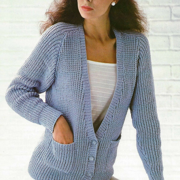 Ladies Easy Fishermans Ribbed Cardigan with pockets- Dk-8ply Wool-32-38ins Instant Download Knitting Pattern PDF
