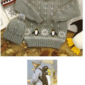 May include: A gray knitted sweater with a penguin design and a matching gray knitted hat. The sweater has a cable knit pattern and snowflake accents.