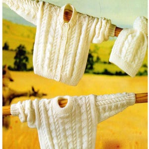Vintage Baby Child's Cable Sweater Cardigan Hat Winter Knitting Pattern- 16"-22" chest, DK (8Ply)  Downloadable PDF pattern- Boys Girls