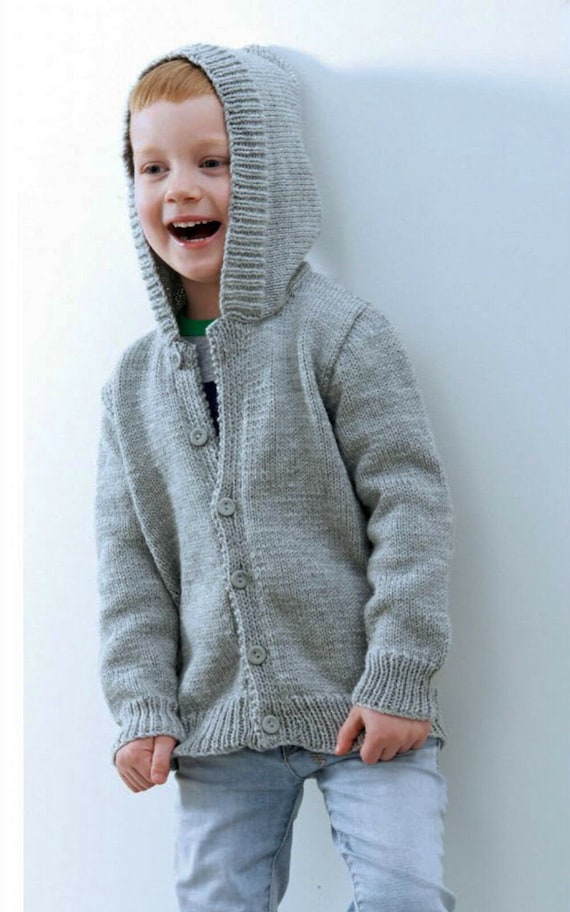 Easy Knit Hooded Jacket Cardigan in DK ply light worsted hooded jacket-  Fits 55-75 cm 2-10 yrs PDF Knitting PATTERN- download- beginner