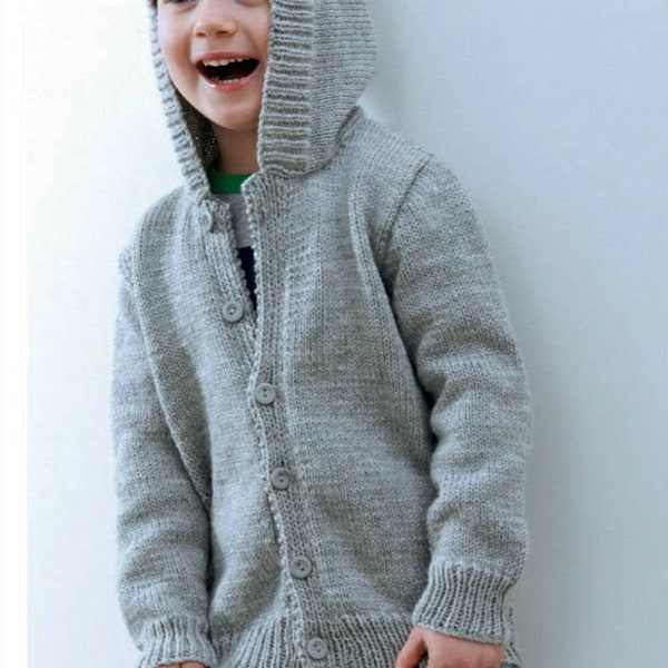 Easy Knit  Hooded Jacket Cardigan in DK 8 ply light worsted hooded jacket- Fits 55-75 cm - 2-10 yrs PDF Knitting PATTERN- download- beginner