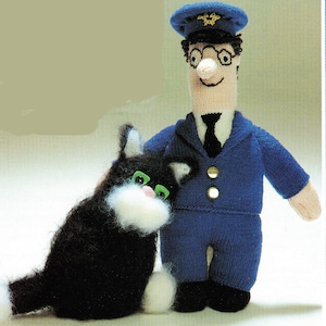Knitting Pattern- Boys - Postman pat and his Black and white cat  Stuffed soft toys- DK -8 ply- & Mohair Pat x 16 "- Cat x8" Download PDF
