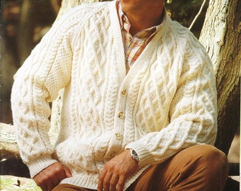 Man's Cable Raglan V neck Traditional Aran cardigan- fits 32-46 chest Aran 10 Ply Worsted yarn Knitting pattern Download PDF