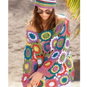 Square flower motif Boho Vintage 1970&#39;s Jumper- Sweater -Festival Hippie Retro Aran 10Ply Crochet Pattern PDF  Download. ONE SIZE- Charted