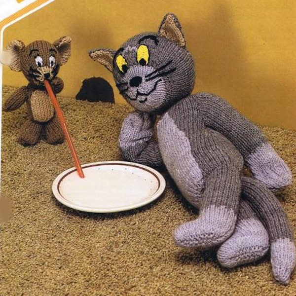 Childs Cat & Mouse Teddies to knit in DK 8 ply Light worsted wool. Vintage Knitting pattern download PDf Tom =16" mouse = 6"