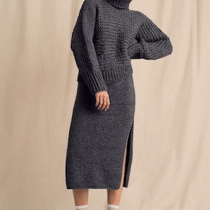 Woman&#39;s Side to side Chunky one piece Sweater- Jumper and Ribbed Skirt Knitting Pattern- Instant download PDF