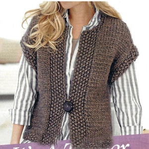 May include: A brown sleeveless knitted vest with a single button closure. The vest has a textured knit pattern.