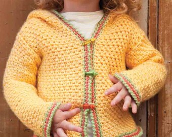 Girls Crochet Hooded Jacket- Cardigan with toggle fastening- 6-24 mths (19&quot;-23&quot;) Aran 10 ply Worsted yarn- Crochet Pattern download PDF