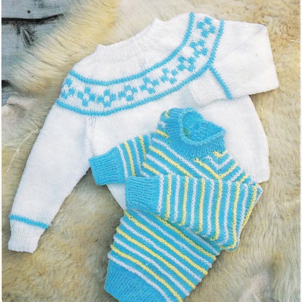 Easy baby striped Jumper & Sweater with Fair Isle Yoke- DK/8Ply/4ply Knitting pattern - 18 - 24" chest. Download PDF
