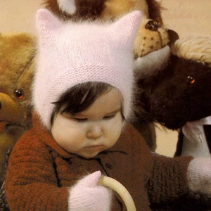 Baby's Fuzzy Wuzzy Kitten Hat- & Mitts Knitted in 4 ply Angora 6-12 months- Easy Instant Download PDF Knitting pattern