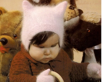 Baby's Fuzzy Wuzzy Kitten Hat- & Mitts Knitted in 4 ply Angora 6-12 months- Easy Instant Download PDF Knitting pattern