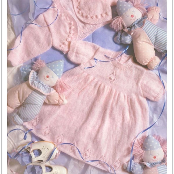 Baby Girl  Dress & Bolero Jacket, cardigan--Knitting Pattern -3Ply  wool-Instant Download- Birth- 3 years- Vintage pattern