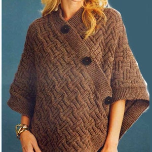 PDF Knitting Pattern Womans Poncho Ribbed Basket weave 28&quot; 50&quot; Aran 10 ply- worsted Wool - Instant download