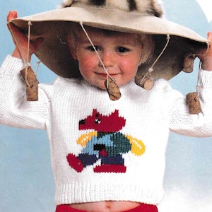 Child&#39;s Motif sweaters -Cow-Swagman-Bears-Rabbit Gardener, shoulder buttoning- Knitting Pattern- DK 8 Ply Liht worsted- 18&quot;-24&quot; Download PDF