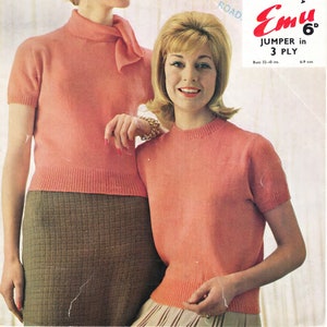 Womans Easy  vintage 3 ply short sleeved round neck scarf collar jumpers, sweaters32 - 40&quot;- Instant Download Knitting Pattern PDF