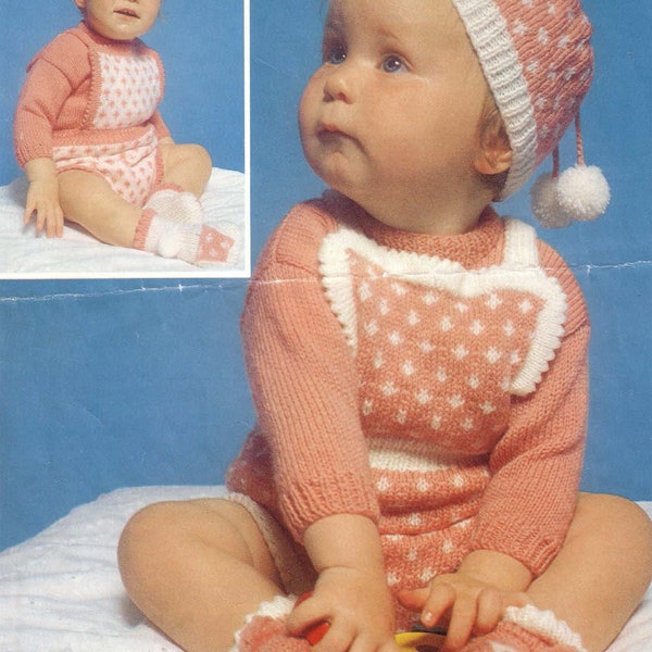 Baby Vintage Romper suit, Sweater, Hat and socks in 4ply yarn-18 - 20 Inch chest- Knitting Pattern Instant Download