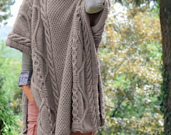 Ladies Chunky Cable Poncho- One size PDF Knitting Pattern Instant Download