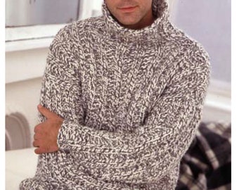 Man's Quick Easy Ribbed  Polo Neck  Sweater-Jumper- Super chunky Super Bulky wool- Fits 36-46 Ins- Knitting Pattern Instant Download