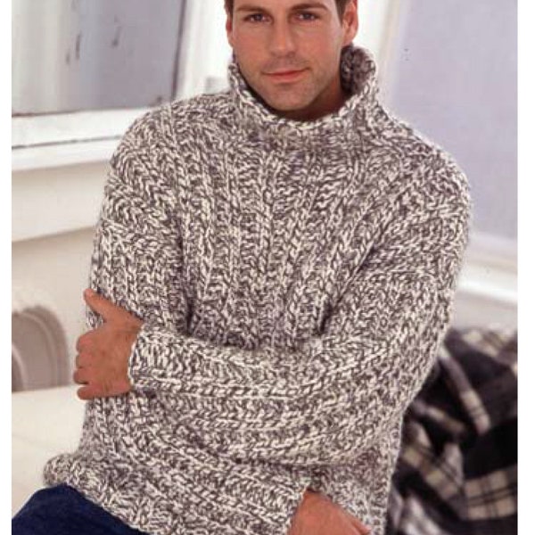Man's Quick Easy Ribbed  Polo Neck  Sweater-Jumper- Super chunky Super Bulky wool- Fits 36-46 Ins- Knitting Pattern Instant Download