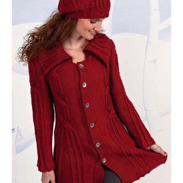 Woman's Cable Coat and Hat- Aran 10 Ply Worsted wool 32-46" chest Fitted coat with matching hat knitting pattern download PDF