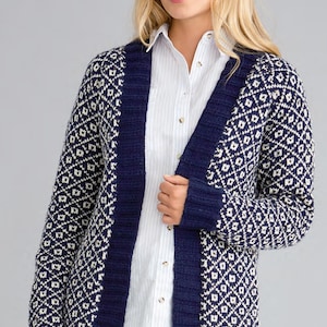 Woman&#39;s  Patterned edge to edge cardigan- jacket in DK-8 ply Light worsted yarn-fits chest 32-50&quot;Download  PDK Knitting pattern