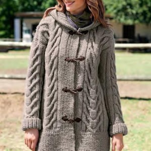Womans Long Chunky Hooded duffle Jacket- fits small to XL Chunky Bulky 14 ply wool- Knitting pattern Download PDF