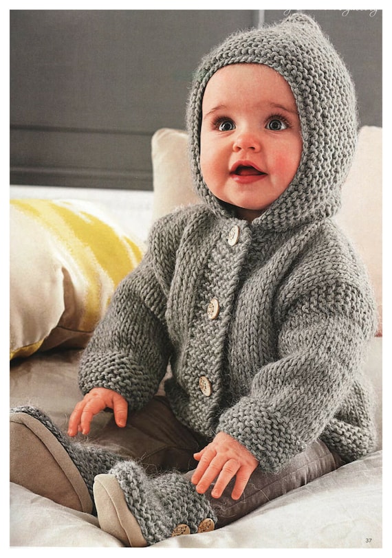 PDF KNITTING Pattern Easy Baby Jacket with Hood 3 24 mths Chunky Wool includes shoes