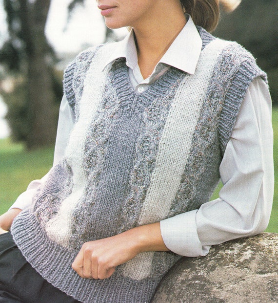 Womans V Neck Top - Cable Design Front Cap Sleeves Jumper