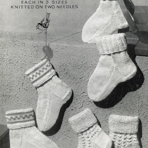 May include: A vintage knitting pattern for three pairs of baby socks in three sizes. The pattern is called "Robin Botany Bay" and is numbered 538. The pattern is for socks knitted on two needles.