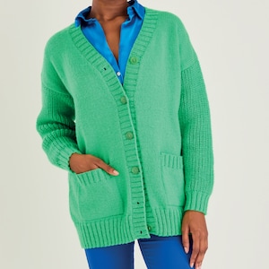 Womans  Easy Long casual V Neck cardigan ~ ribbed sleeves & Pockets DK 8 Ply Light worsted wool- Knitting pattern Download PDF 32-54&quot;
