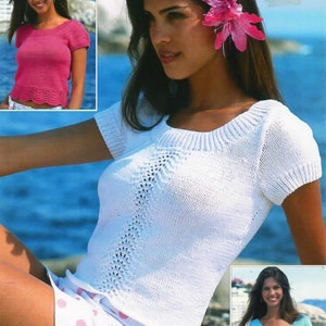 Womens Top Summer Short Sleeve Sweater Lacy Panels ~ DK Cotton 8 Ply Light Worsted 32 - 42in Knitting Pattern PDF Instant Download