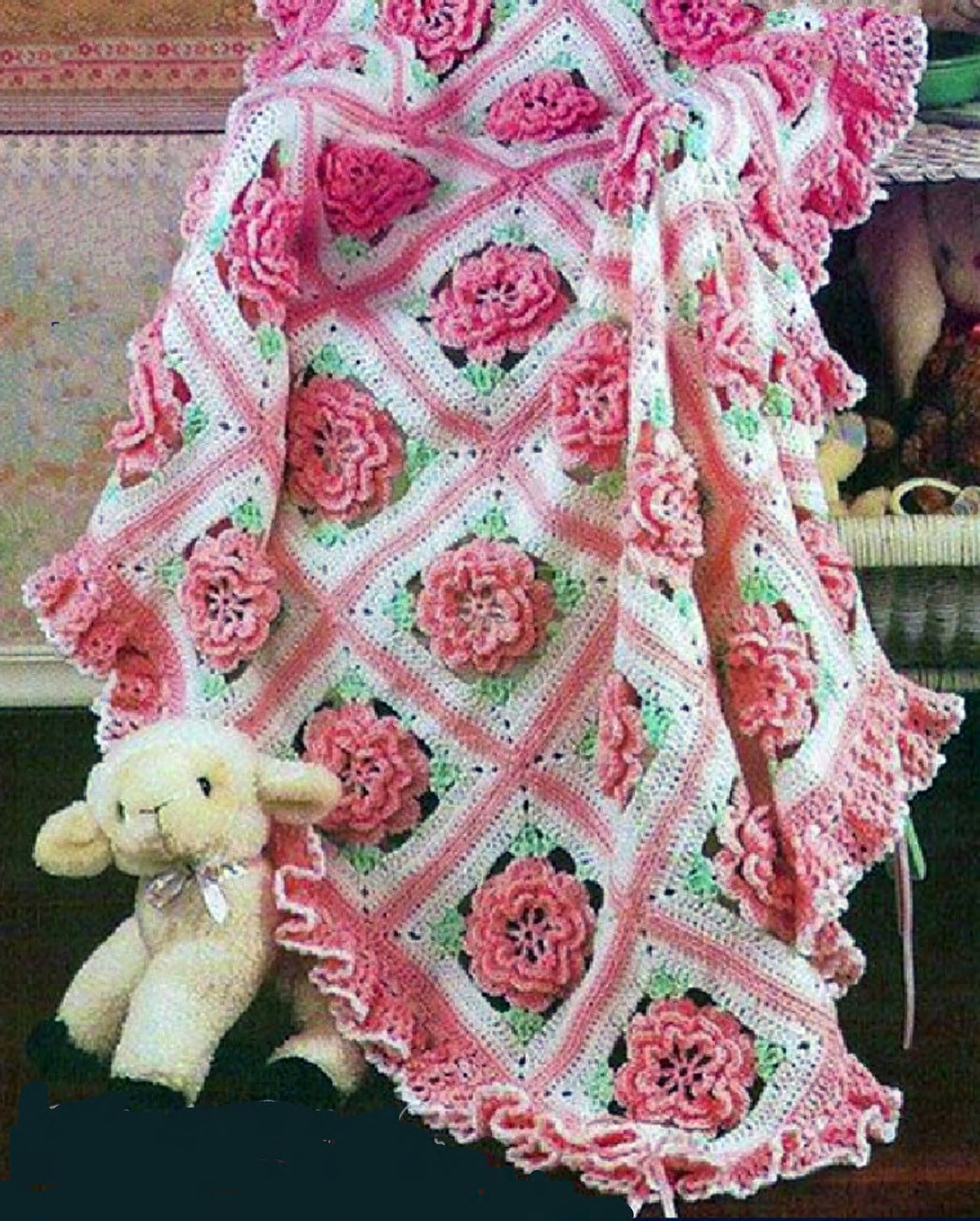 Crochet Roses Blanket Afghan Sport Yarn Instant Download Crochet Pattern 40 x 47.5 Ins