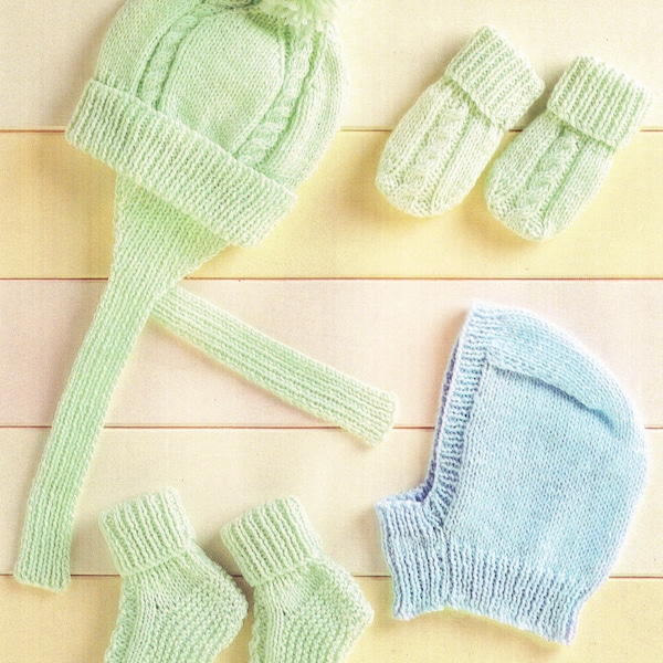 Child's Winter bobble hat- Balaclava- Socks- Mitts- DK/8 Ply wool Knitting Pattern PDF Instant download- birth up to 12 months