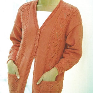 Woman&#39;s V neck Panel Cardigan with Bobbles & Pockets- V neck in- DK 8 Ply wool fits 30-52&quot; Larger sizes. Knitting Pattern  Download