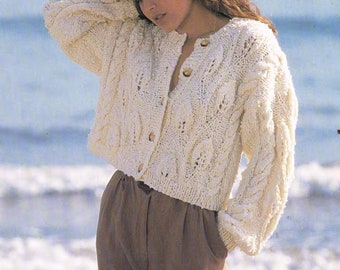 Ladies Cropped Cable - Leaves chunky Jacket-Cardigan 30-38ins Chunky wool- Instant Download Knitting Pattern PDF