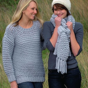 Woman&#39;s Easy Garter Stitch Sweater-Round neck -Matching hat & Scarf Knitting Pattern -28&quot;-42&quot;  Super Chunky/Super Bulky 14ply - Download PDF
