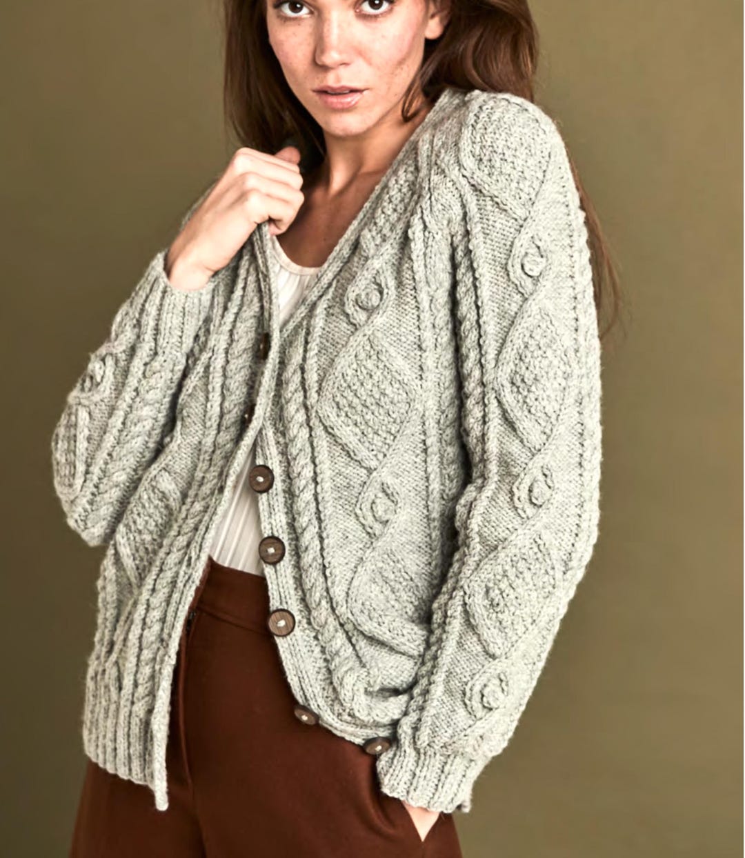 Corran Cardigan Pattern Ladies Classic V Neck Aran Cardigan 26-46ins Diamond Cable Traditional ...